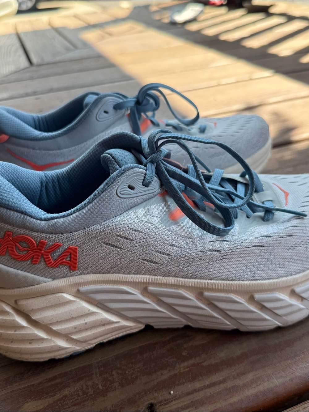 Hoka Women’s Light Blue Sneakers with Coral Logo Accents - Picture 2 of 8